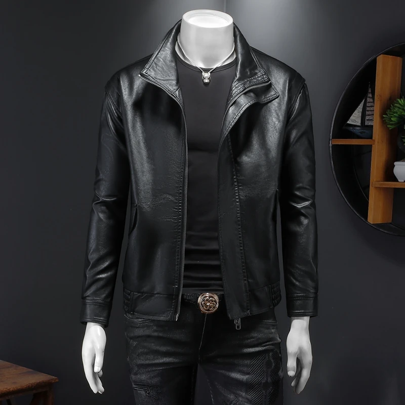 

Мужская кожаная куртка в стиле кэжуал, модная, однотонная, с воротником-стойкой, приталенная, из искусственной кожи, модель 2025 года