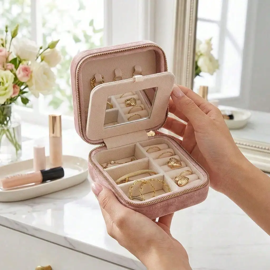 Plush Velvet Jewelry Box, Lightweight Velvet Storage Case Featuring a Practical Mirror, Works Well on Dressers and During Trips, Sweet Exquisite Gift for Mom, Gaughter and Girlfriend