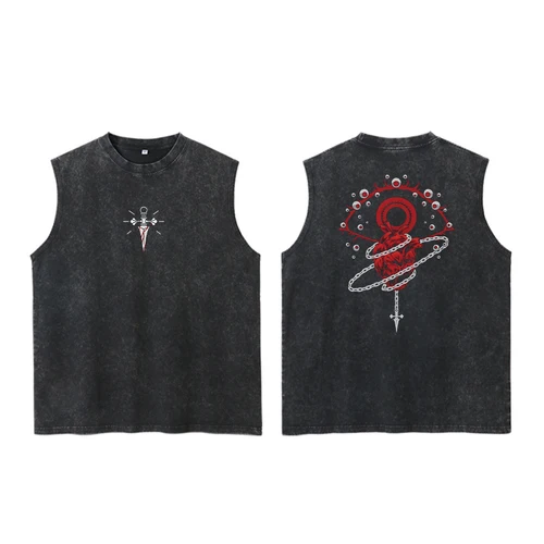 Imagen 2 del producto Anime Hunter X Hunter chaleco ácido 100% algodón estampado sin mangas Retro gótico estilo Harajuku negro ropa de rendimiento Unisex