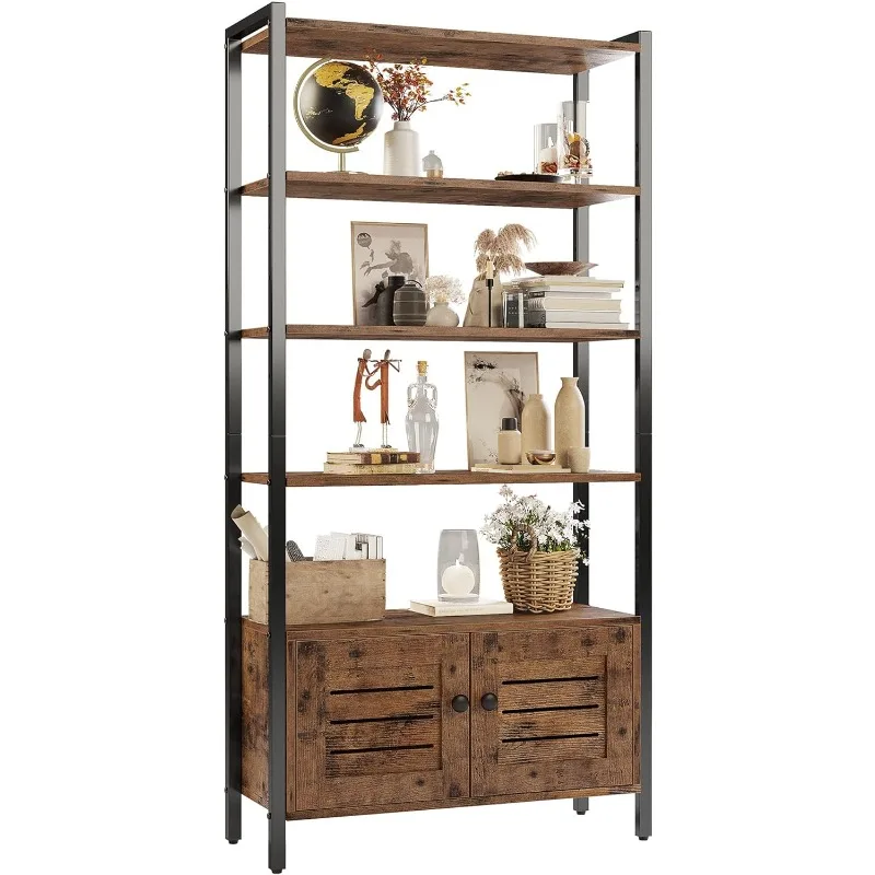 

Industrial Bookshelf and Bookcase with 2 Louvered Doors and 4 Shelves, Standing Storage Cabinet