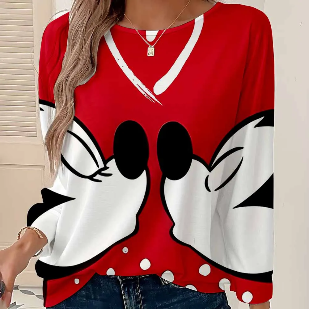 

women's spring and autumn loose casual Disney Mickey Mouse print Minnie graphic printed long sleeved round neck T-shirt
