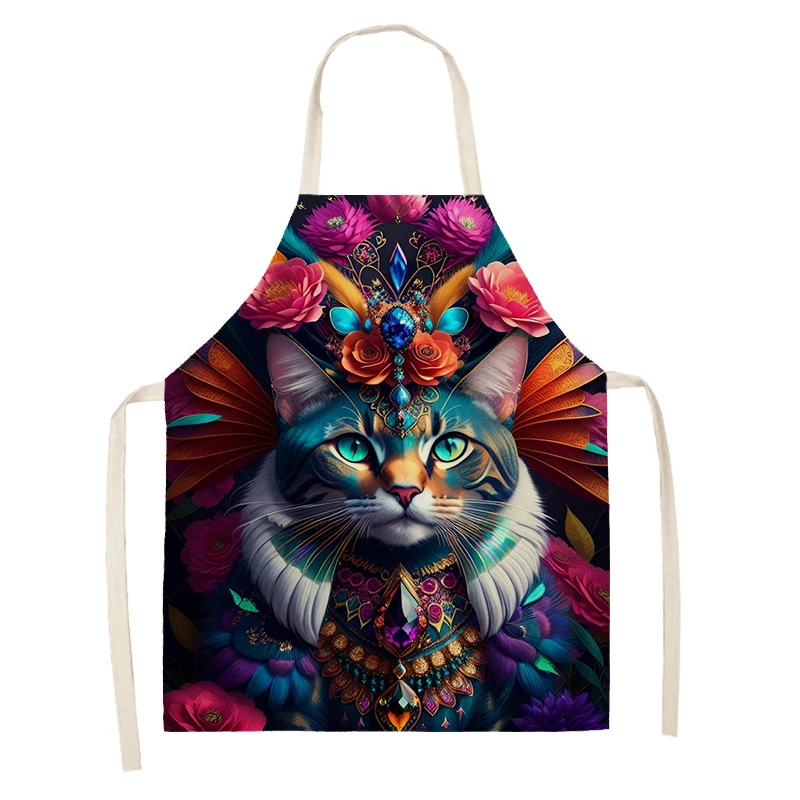 Women\'s kitchen apron oil painting style Restaurant chef barber Waterproof apron for menand child black cute cartoon cat 55×68