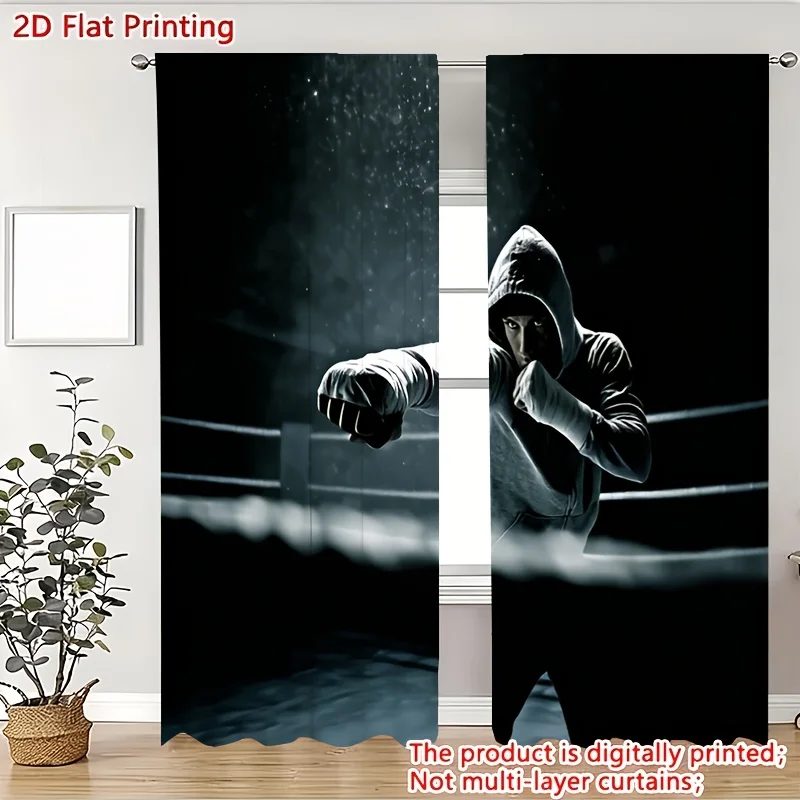 Boxing Ring Fighter Curtains, Dark Sports Man Silhouette Blackout Drapes, Gym Motivation Decor for Bedroom Living Room Window