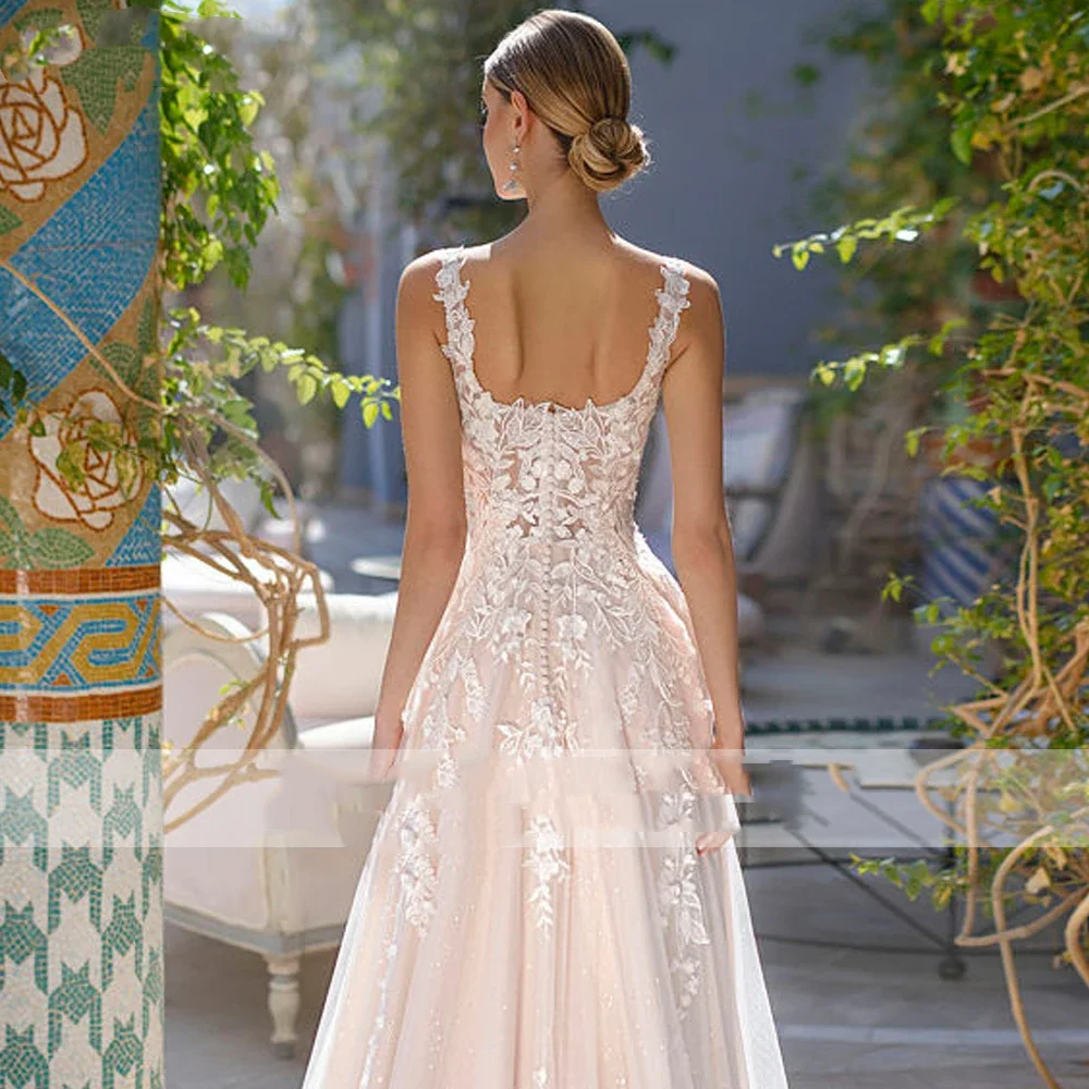 Flavinke Abiti da sposa in tulle glitterato con scollo quadrato e linea ad A da donna affascinanti personalizzati Abiti da sposa con applicazioni in pizzo senza maniche