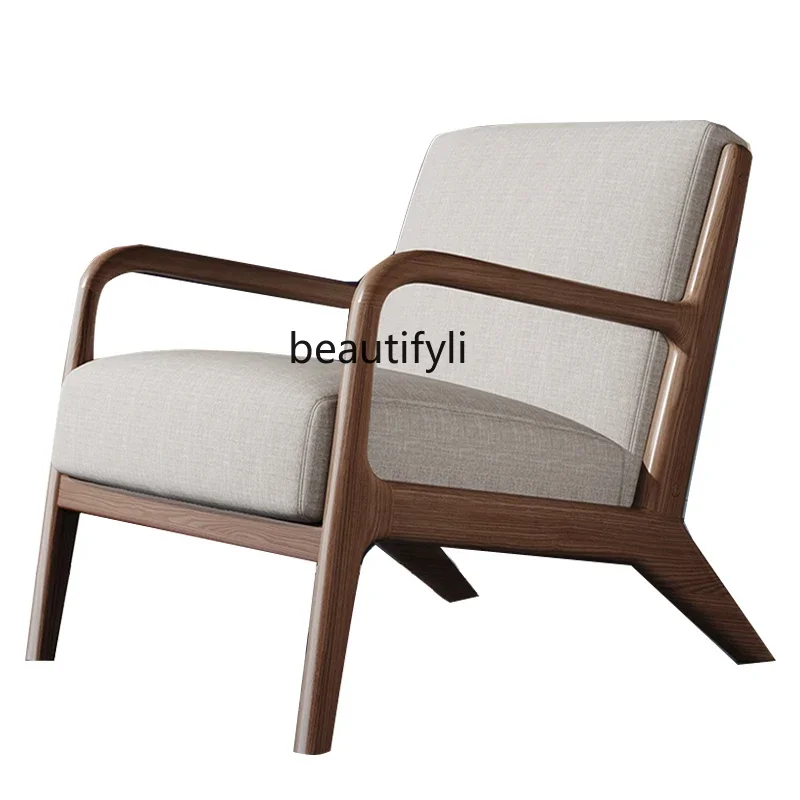 Nordic Simple Solid Wood Single-Seat Sofa Chair Waterproof Antifouling Cotton Linen Fabric Leisure Chair Balcony Backrest Chair