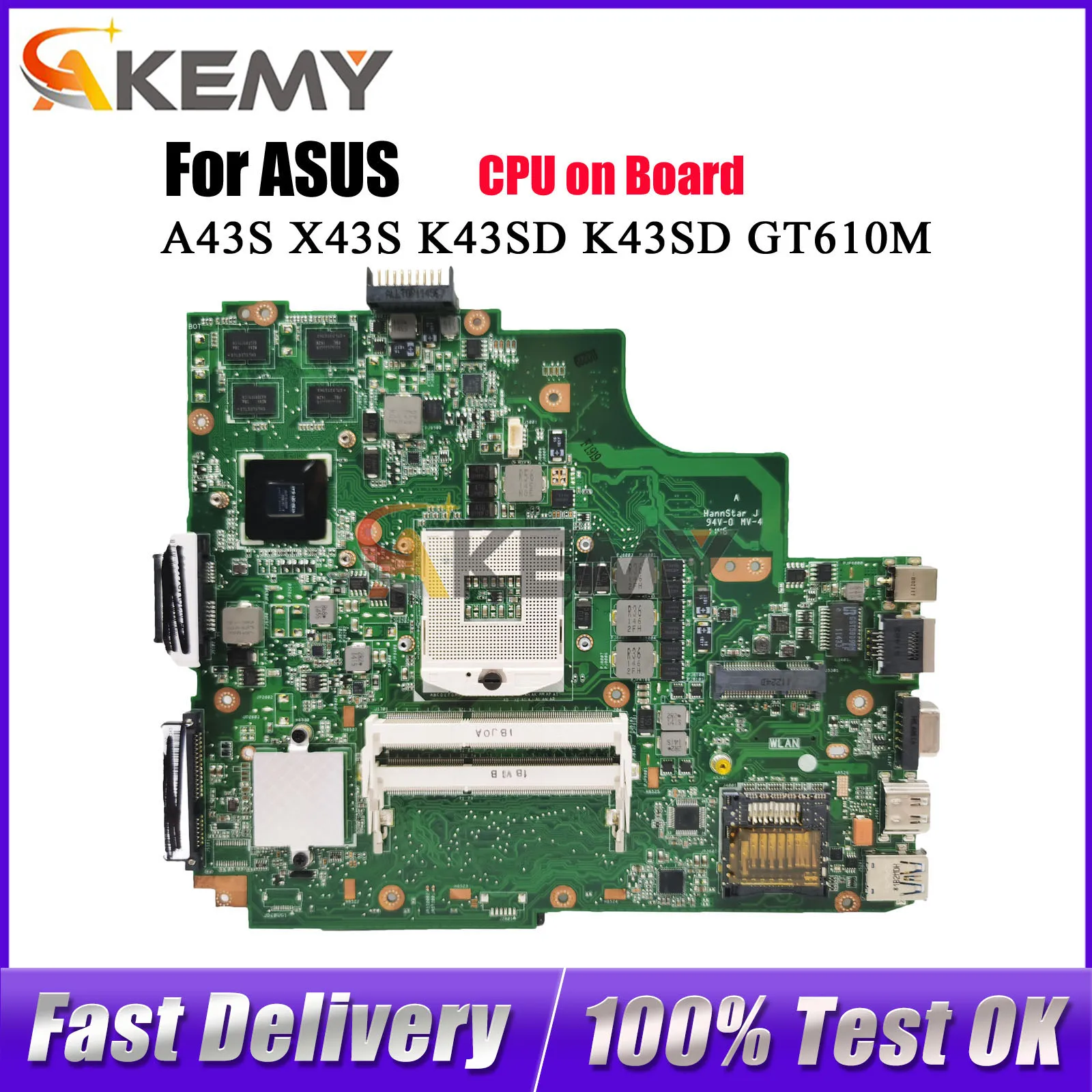 K43SD Laptop Motherboard For ASUS K43SV K43SM A43S K43SJ K43SD X43S K43S Notebook Mainboard With CPU tests OK fast shipping stk