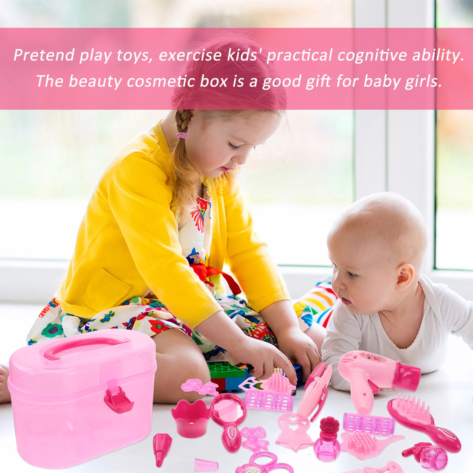 Girls Beauty Set Plastic Makeup Case Pretend Play Hair Tools Kids Learning Gift For Toddlers Storage Box Roleplay Game