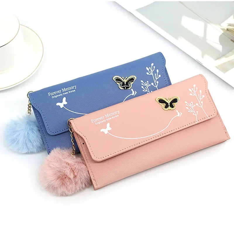 Carteras largas de diseñador de mariposas para mujer, monedero de cuero PU, bolso de mano con lazo de bola de lana sólida, tarjetero de gran capacidad, monedero