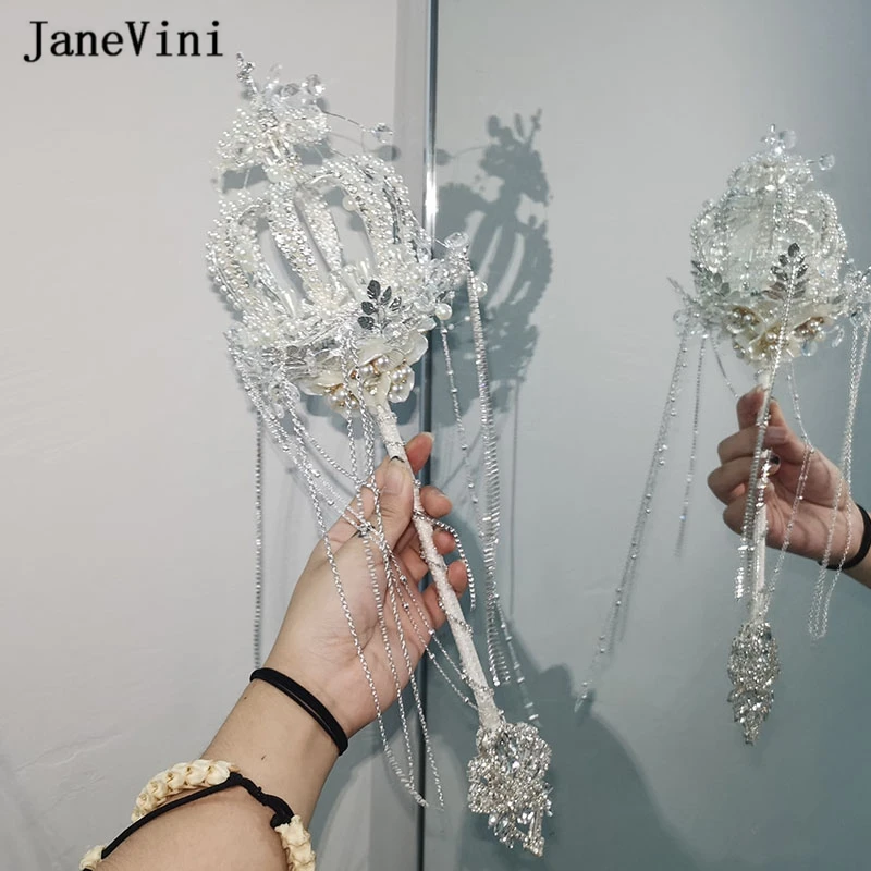 

JaneVini Sparkly Silver Crystal Tassel Bridal Hand Bouquets Artificial Flowers Bouquet Pearl Scepter Wedding Bouquet Accessories