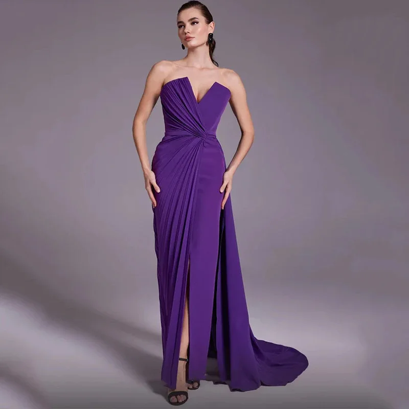 

Luxury Purple Mermaid Strapless Sleeveless Satin Long Evening Dress For Women 2024 Elegant Wedding Birthday Party Prom Gown