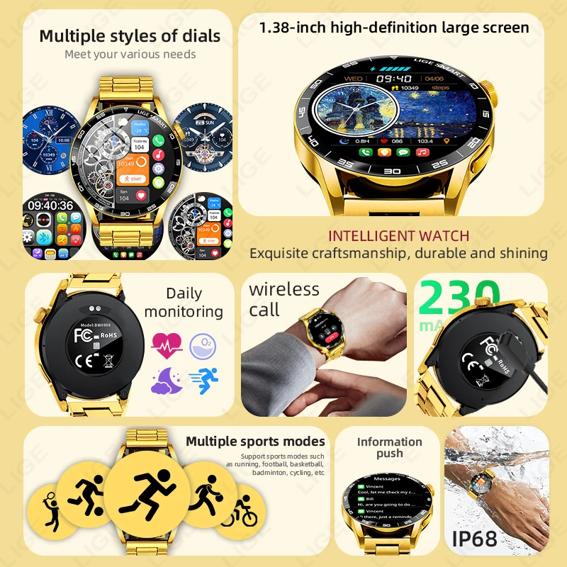 LIGE montre intelligente de luxe pour homme femmes BT appel montres pour hommes IP68 étanche sport Fitness moniteur de santé hommes Smartwatch femme