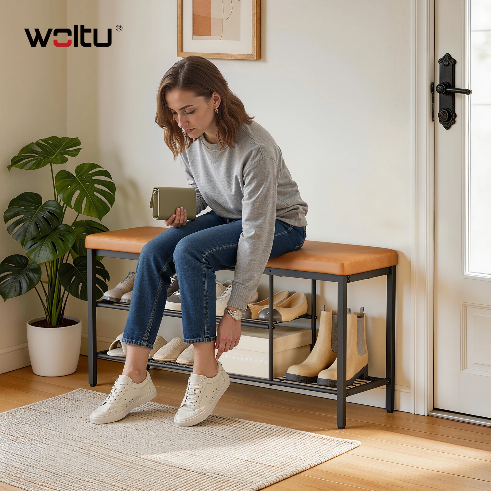 WOLTU Schuhbank mit Ablagefach, Schuhregal mit gepolstertem Sitzkissen aus Kunstleder für Stiefel, Schuhe, Flur, Wohnzimmer