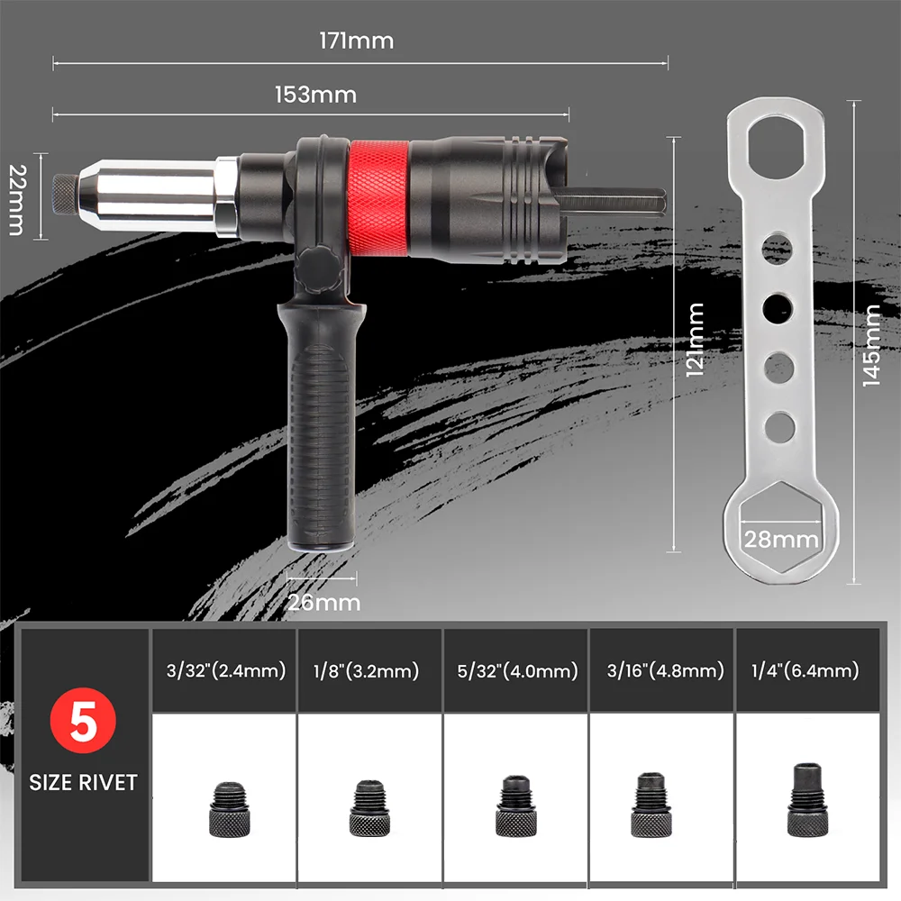 Klinkmachine, elektrische klinknagelpistooladapter, huishoudelijk 2,4 mm-3,2 mm-4,0 mm-4,8 mm-6,4 mm klinkgereedschap met handvat, draadloze multifunctionele klinkmachine, geschikt voor elektrische boormachines