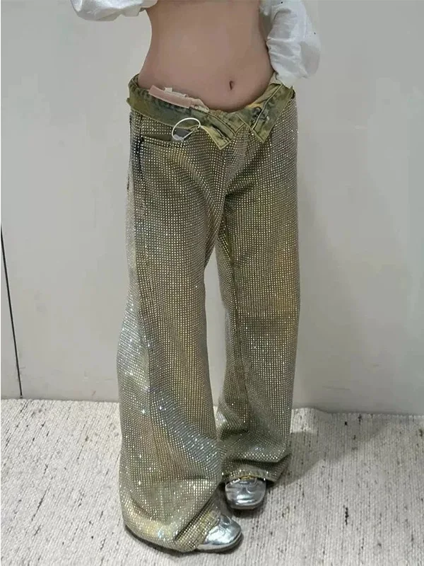 

Y2K женские джинсы со звездами и бриллиантами в американском стиле ретро, летние новые дизайнерские нишевые свободные широкие брюки для девочек