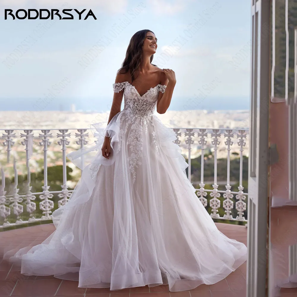 Roddrsya elegante encaje aplicación vestido de novia de palabra a 2024 cRODDRSYA-vestido De Novia elegante con apliques De encaje, traje De boda con hombros descubiertos acampanado, escote Corazón, botones, playa, 2024