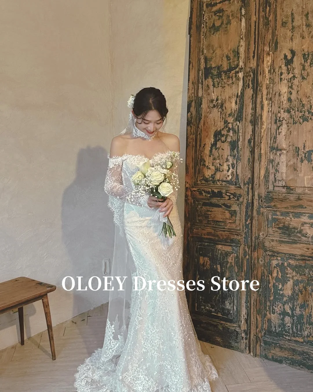 OLOEY Elegant Off Shoulder Mermaid Wedding Dresses Korea Photo shoot Long Sleeves Lace Bridal Gowns With Veil Customized