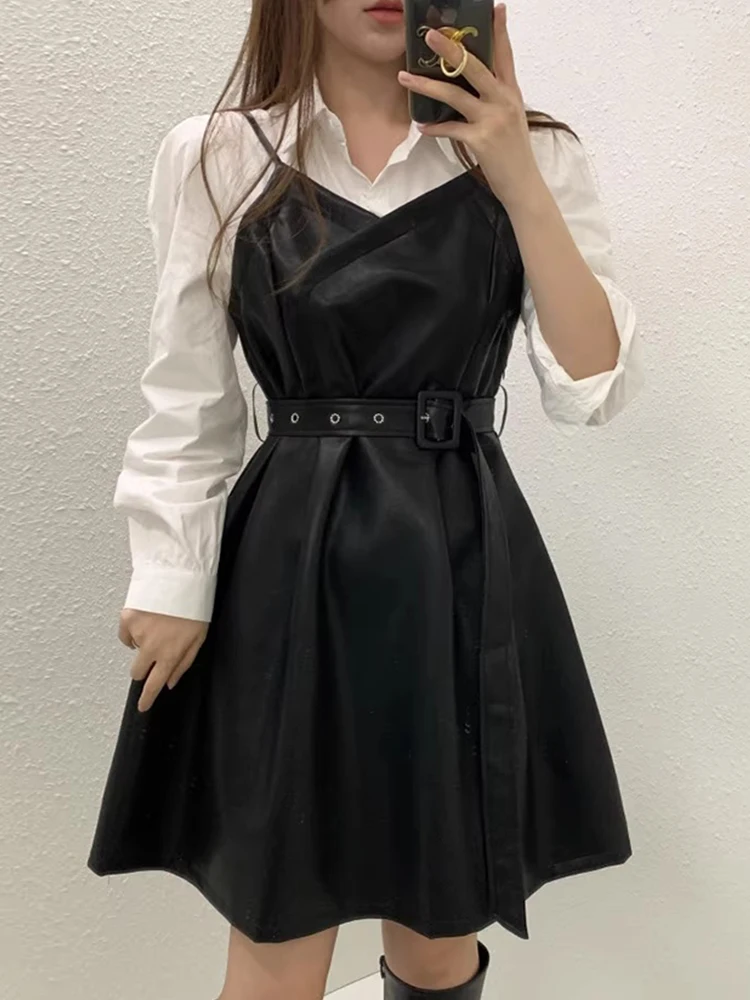 Chic automne Vintage col en cuir PU ort Dr femmes taille haute faux deux pièces conception minceur Patchwork Dr