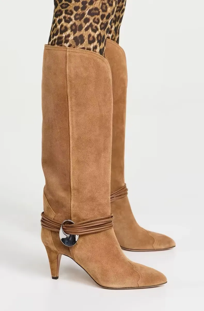 

2025Autumn/Winter New High Heels Knee Length Women's Boots Fashion Round Head Women's Ankle Boots Mid Leg Women's Boots