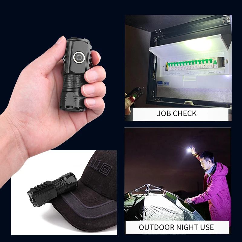 Mini lampe de poche portable à 3 LED lumineuses, lampe à main aste par USB, torche de poche d'urgence avec indicateur d'alimentation pour le camping, 4 modes