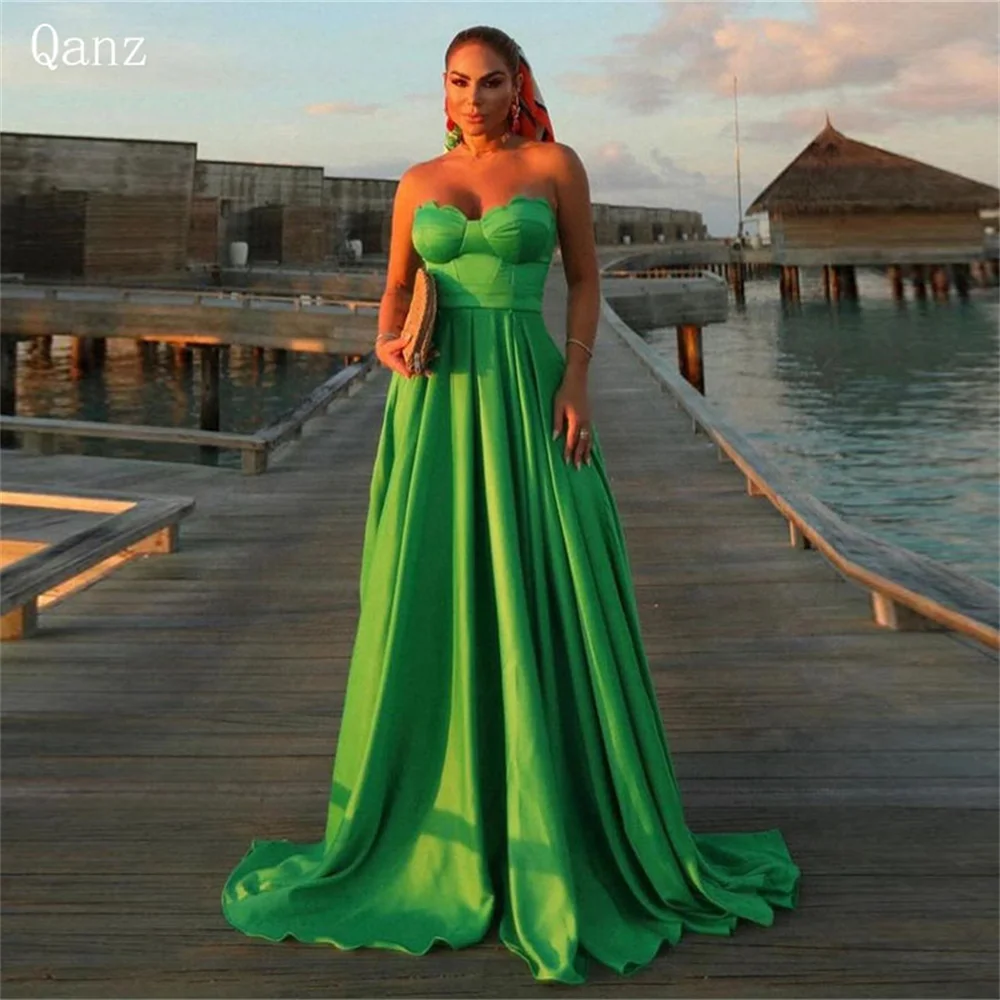 

Qanz Beach Green Prom Dresses Strapless Long A Line Vestidos Largos De Fiesta Para Mujer Floor Length Vestidos De Ocasião Formal