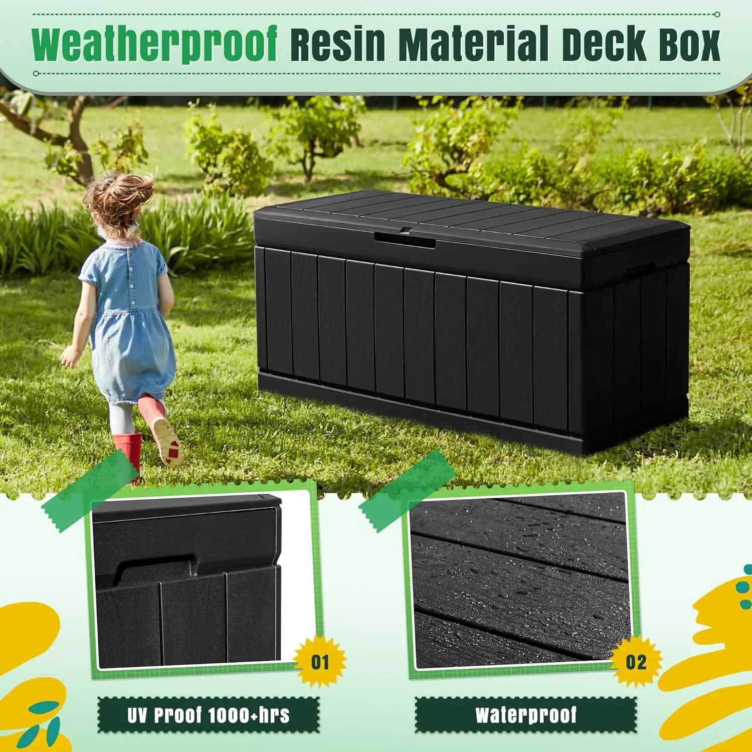 Caja de cubierta de resina de 82 galones, almacenamiento grande para exteriores, muebles de Patio, herramientas de jardín, suministros de piscina, resistente a la intemperie, resistente a los rayos UV, bloqueable