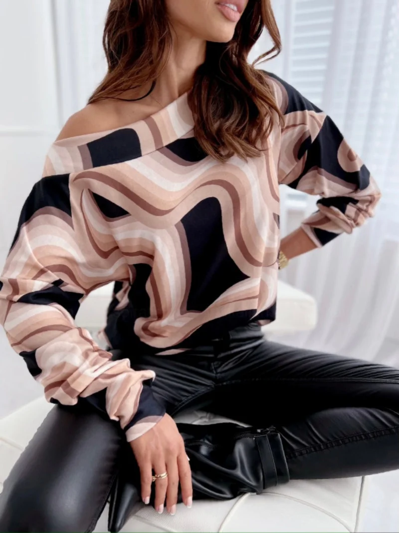 Women's Off Shoulder Long Sleeve Blouse with Abstract Geometric Print Casual Loose Fit Top