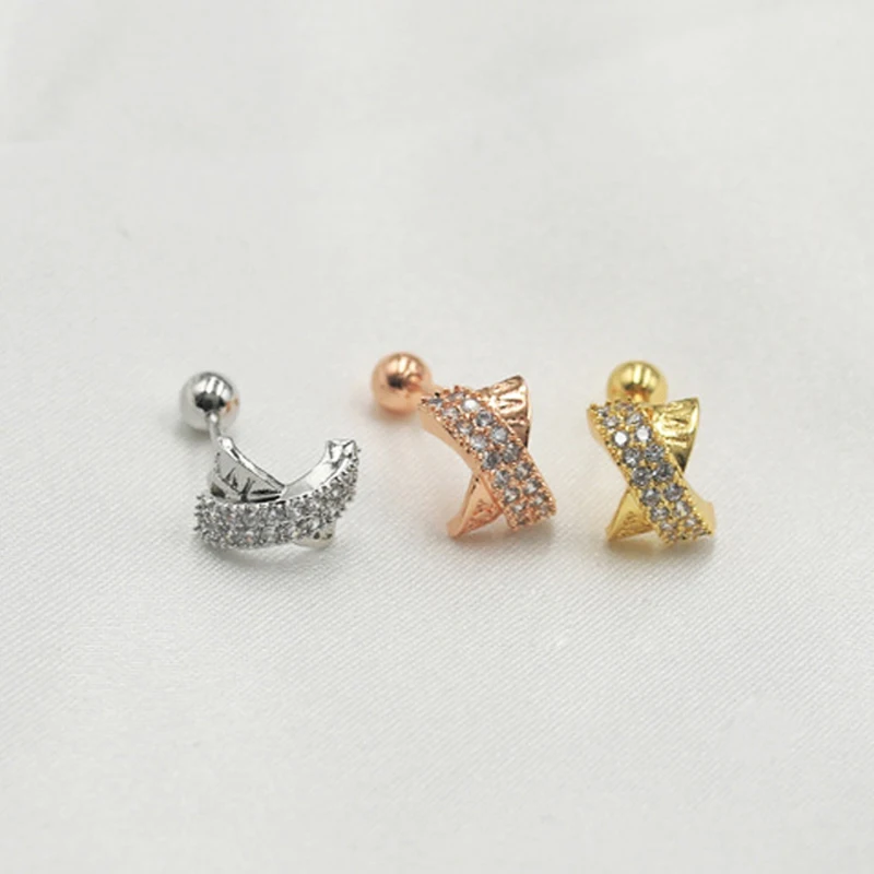 1 pcs Cute Copper Zircon X Shape Stud Earring Women Gold Color Steel Helix Bar Ear Cartilage Piercing Cuff Wholesale