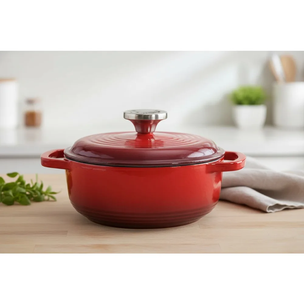 

Холлированная чугунная печь емкостью 1,5 литра с крышкой — безопасная для духовки и плиты до 500 шт. ° F - Красный