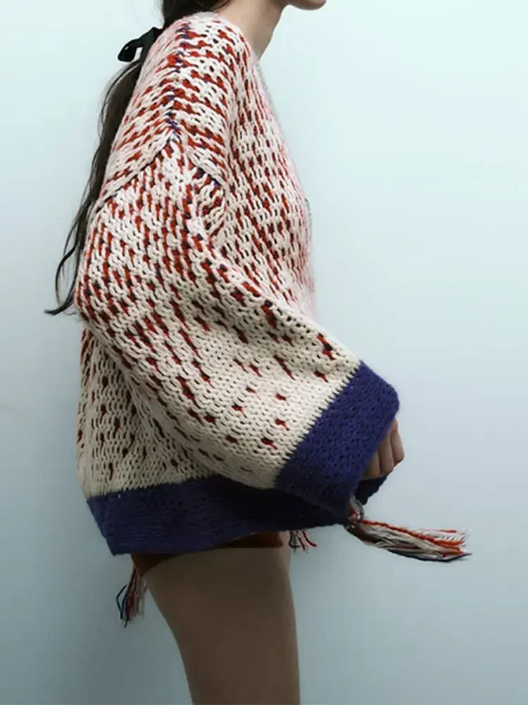 Fashion Contrasting Women Knitted Cardigan Loose Single Breasted V-neck Tassels Sweater 2023 Autumn Female Warm Chic Knitwear