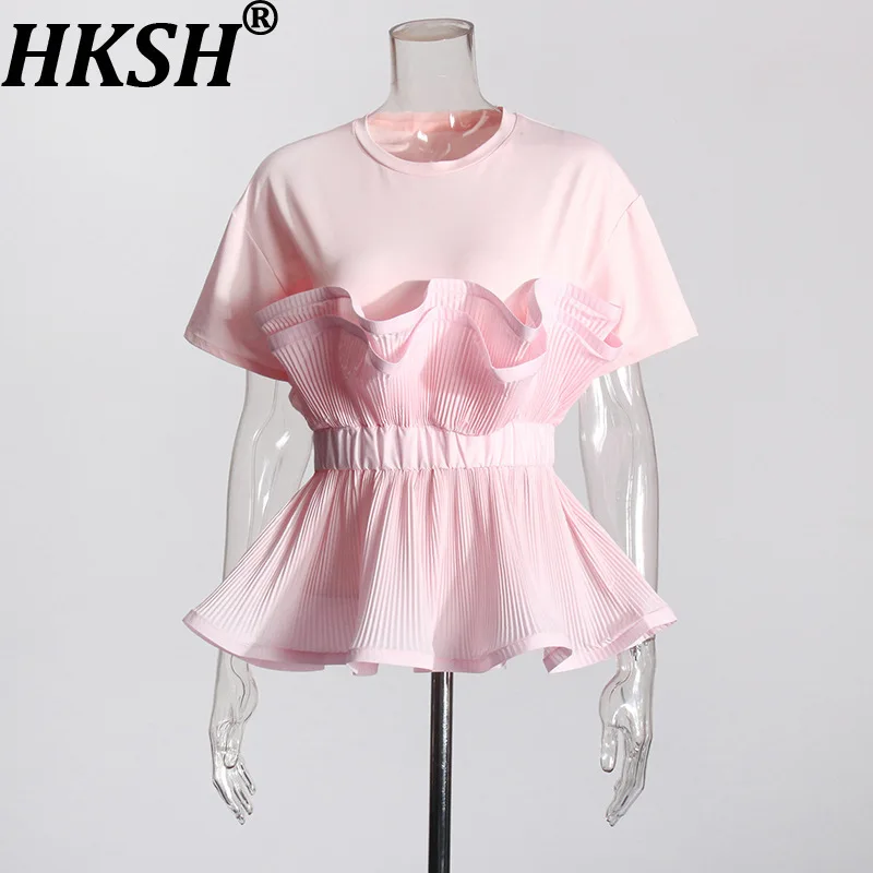 

HKSH Summer New Women T-shirt O-neck Short Sleeve Patchwork Ruffles Waist Cinching Slim Fit Elegant Chic High Street Top HK12187