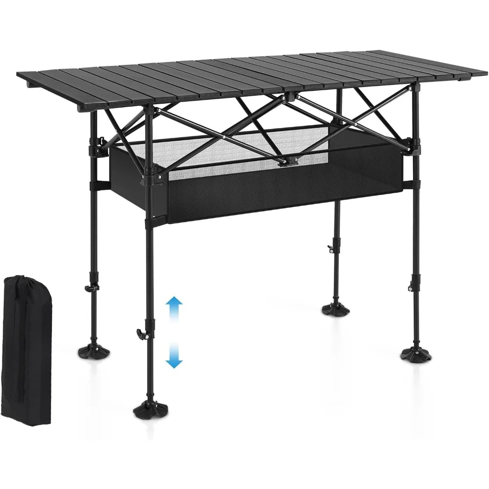 Folding Camping Table, Portable Roll-up Outdoor Table with Adjustable Height, Large Storage Bag and Carrying Bag, Tall Aluminum