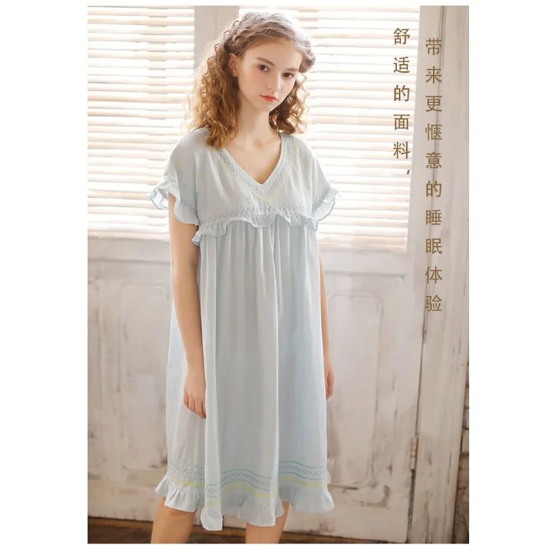 Women's Cotton Linen Nightgown Short Sleeve Ruffle Princess Style Loose Homewear Dress