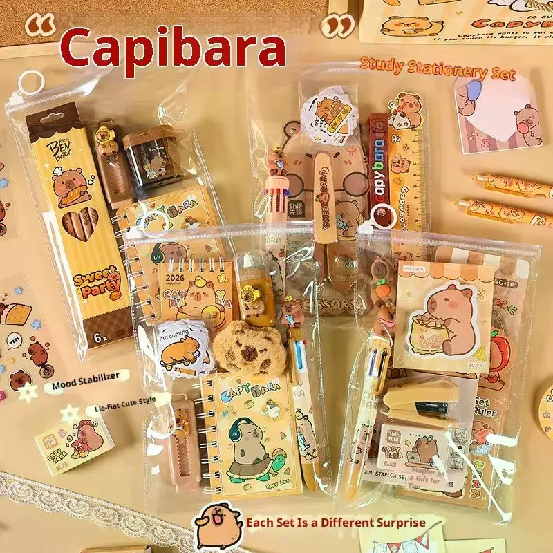 

1 комплект, наклейки для ручек, универсальный нож, канцелярские принадлежности, подарочная коробка, набор канцелярских принадлежностей капибары для детей, подарок на день рождения для обучения в школу