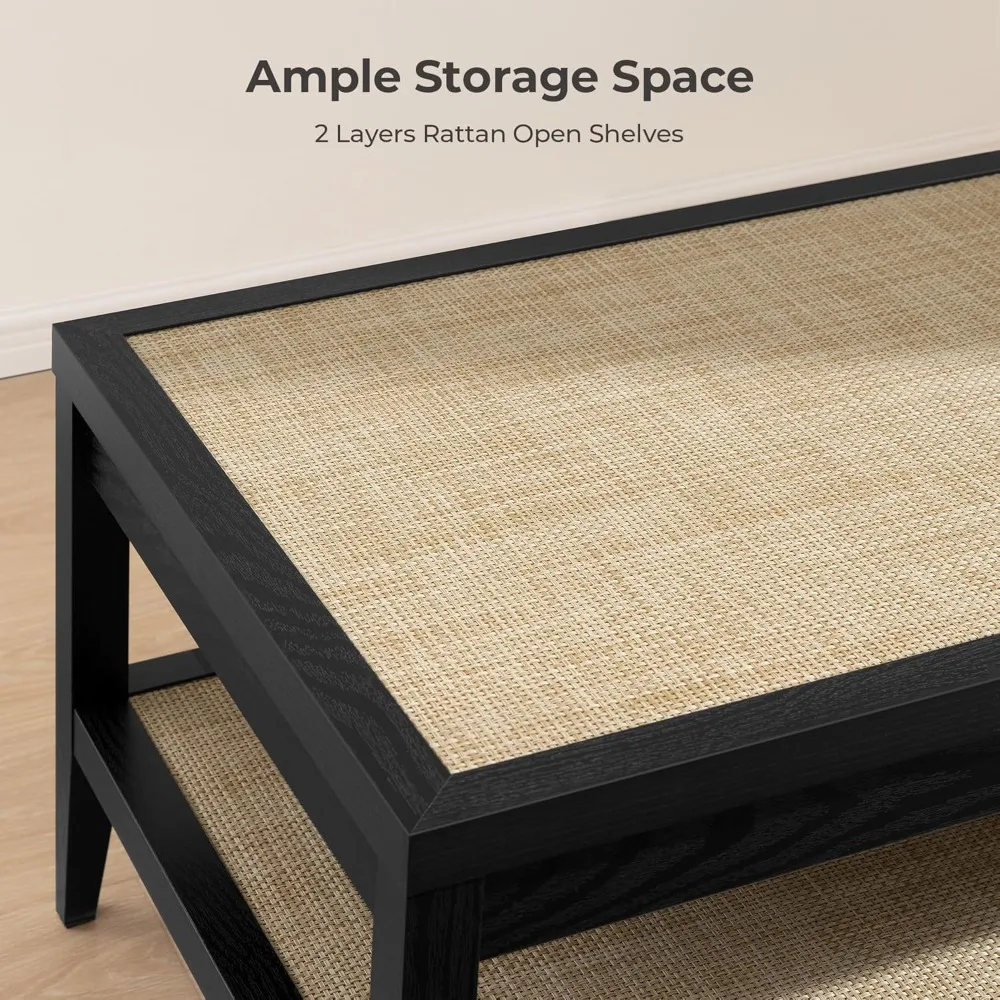 Mesa de centro retangular para sala de estar, mesa central boho de fazenda com prateleiras de armazenamento de vime de 2 camadas, mesa lateral de sofá