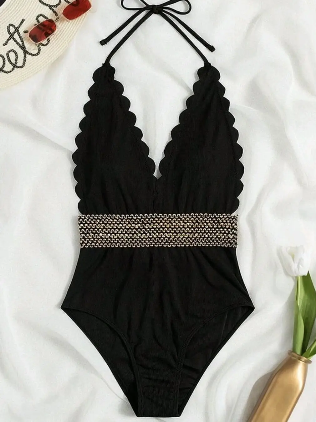 2022 Black One Piece Swimsuit Solid Halter Swimwear Women Bathing Suit Female Padded Monokini Swimming Summer Beachwear Bodysuit