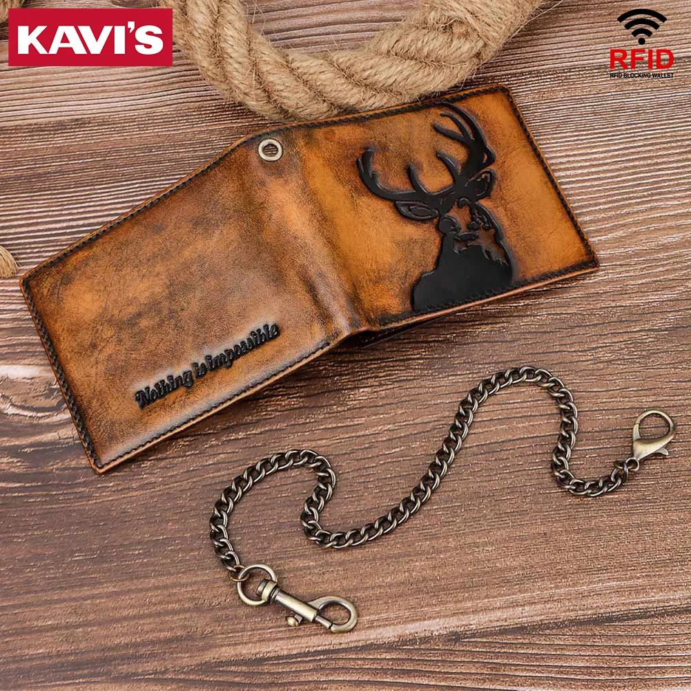 KAVIS Fashion Genuine Leather Men's Wallet With ID Window And Multiple Card Slots RFID Durable Money Bag With Lron Chain