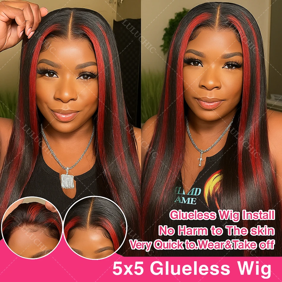200 Density Black With Red Bone Straight 5x5 Highlight Wigs Human Hair Brazilian Burgundy Red Colored Glueless Wigs Human Hair