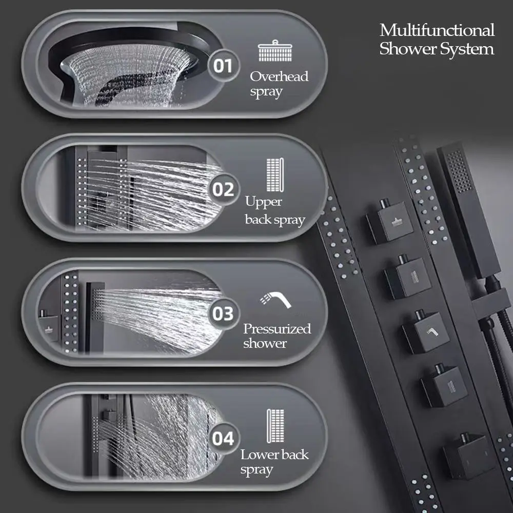 Multifunctional 5 in 1 Cascade Shower Surround Sprinkler Massage Shower Set System Black Waterfall Shower Panel Kit
