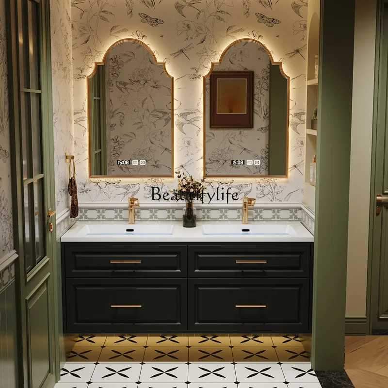 French Style Bathroom Cabinet Combination Double Pots Stone Plate Seamless American Light Luxury Bathroom Table