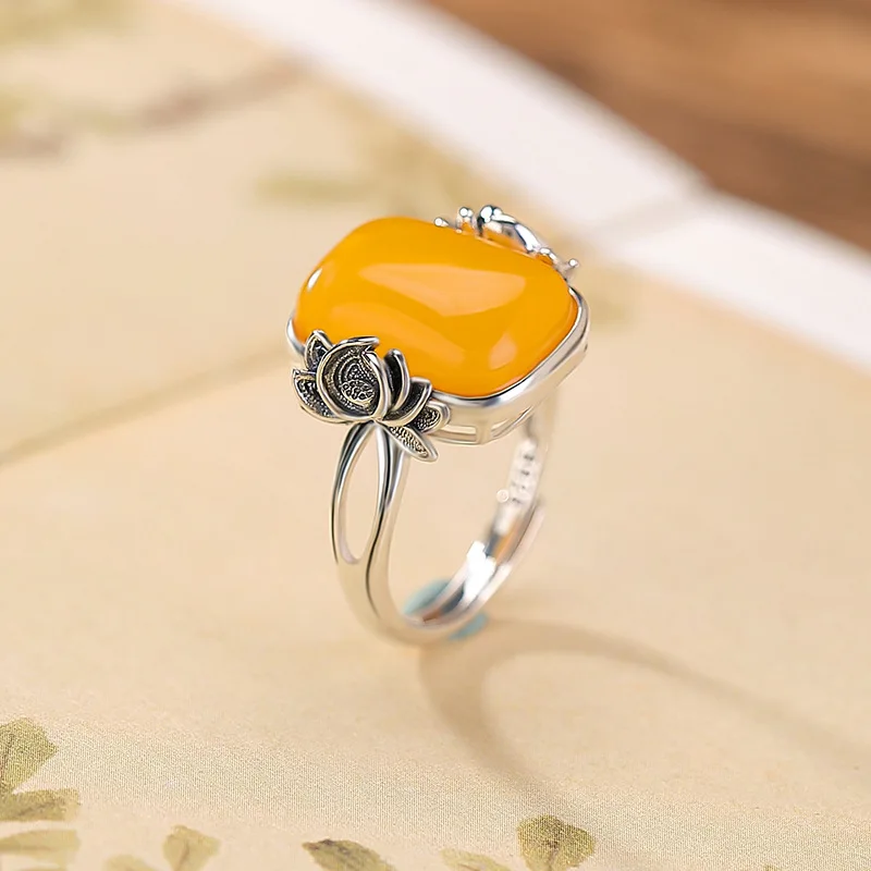 

S925 Sterling Silver Amber Elegant Temperament Square Open Ring Versatile Style