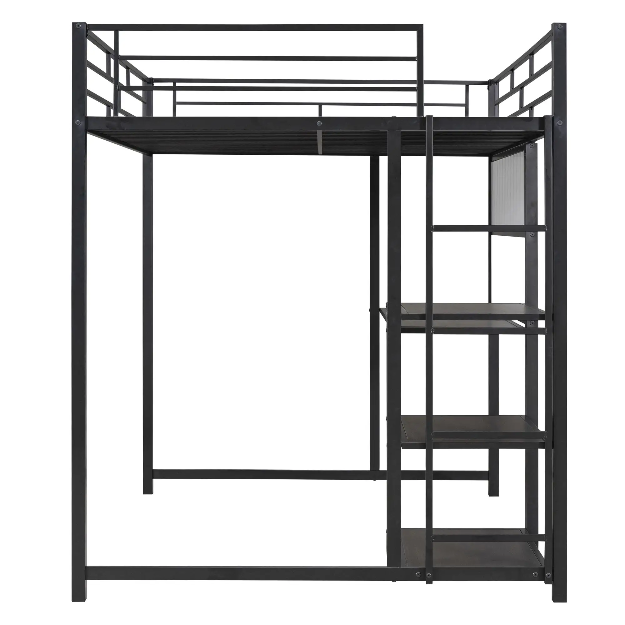 Metal Loft Bed with Desk & Whiteboard - Full Size, 3 Shelves & Ladder, Stylish Black Finish