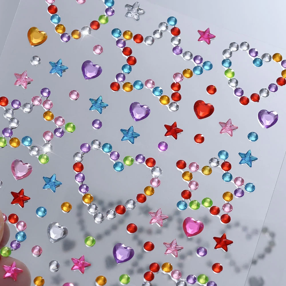 1pcs 5D Colorful Kids Face Diamond Gems Sticker 10*9cm Cute Heart Star Flower Mix Crystal Face Rhinestones Makeup Tattoo Sticker view 4