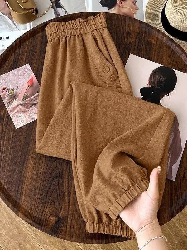 Ice Silk Hemp Nine-Piece Pants Women's Summer Thin Cool Elastic High Waist Casual Cuffed High Waist Slimming Harlan Carrot Pants