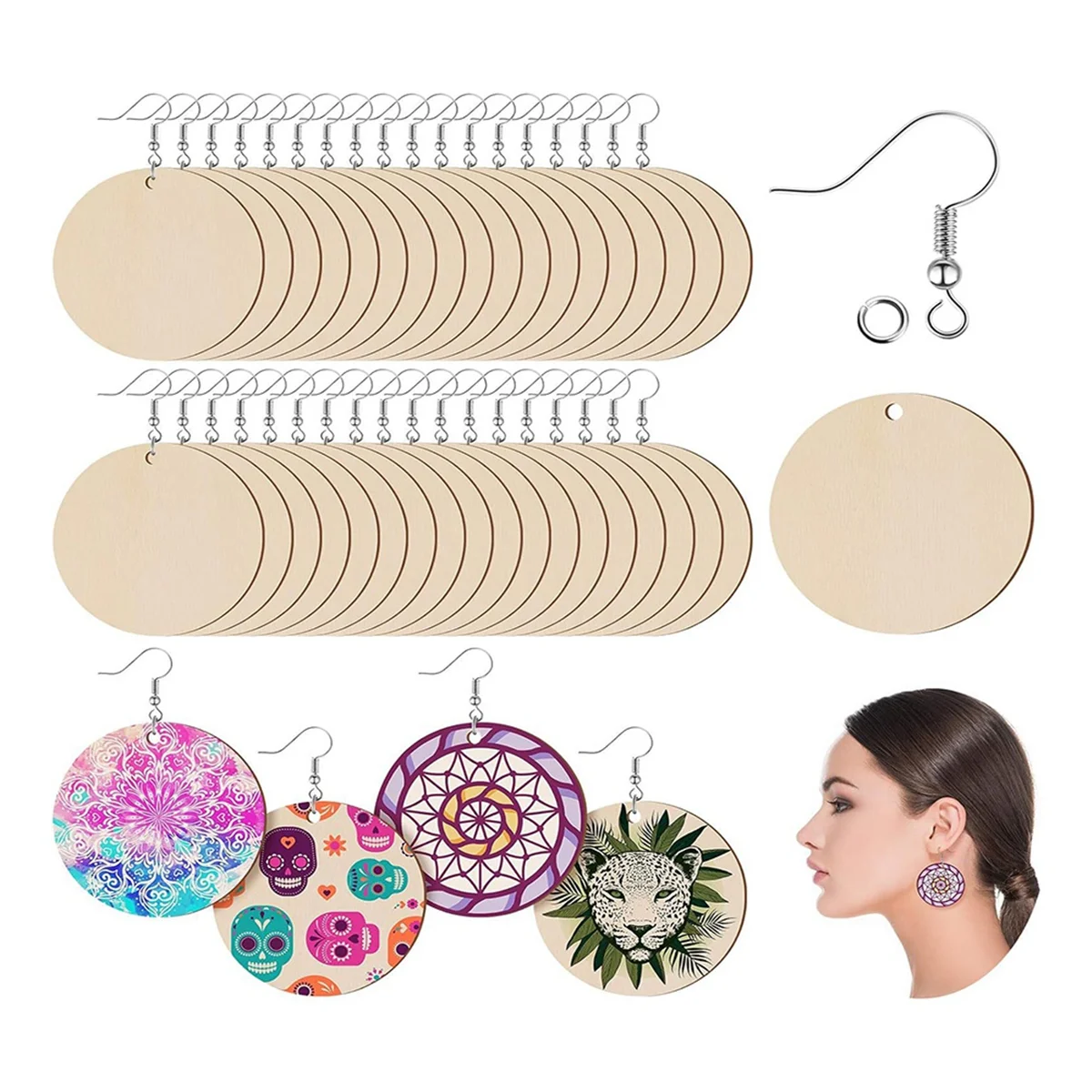 400PCS Wooden Unfinished Blank Round Earring Set DIY Wooden Creative Personalized Earring Pendant