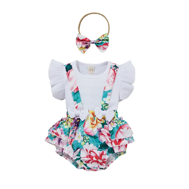 

0-24M Girls' flying sleeve suit summer children romper pit strip flying sleeve t-shirt printing bag fart ha skirt baby clothes