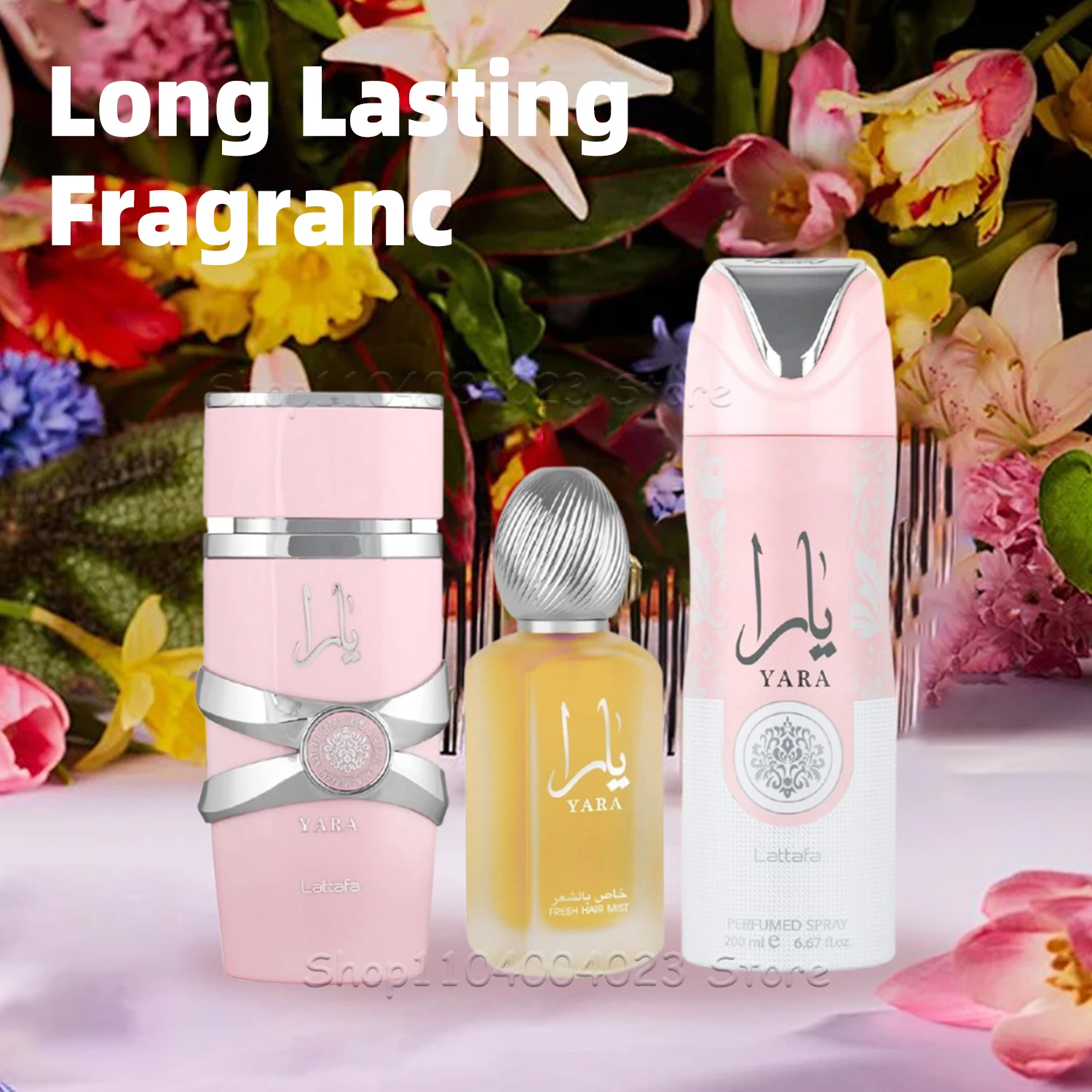 Lattafa Yara For Women 3-delige set 3,4 Oz Eau de Parfum Spray + 1,7 Oz Hair Mist + 6,7 Oz Deodorant Spray Zoet feromoonparfum