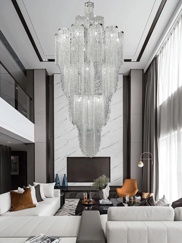 Creative Design Waterfall Crystal Pendant Light Large Hanging Lamp Silver Gold Lampa For Villa Duplex High Ceiling