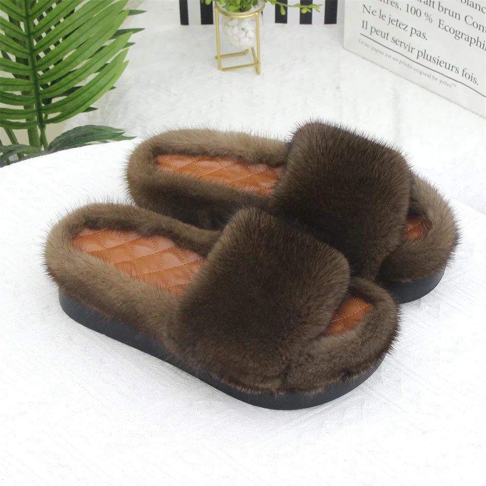 2024 Luxury 100% Real Mink Fur Slippers For Women Shoes Women's Casual Real Fur Slides Flip Flop Ladie Slippers Flat Femme Shoes