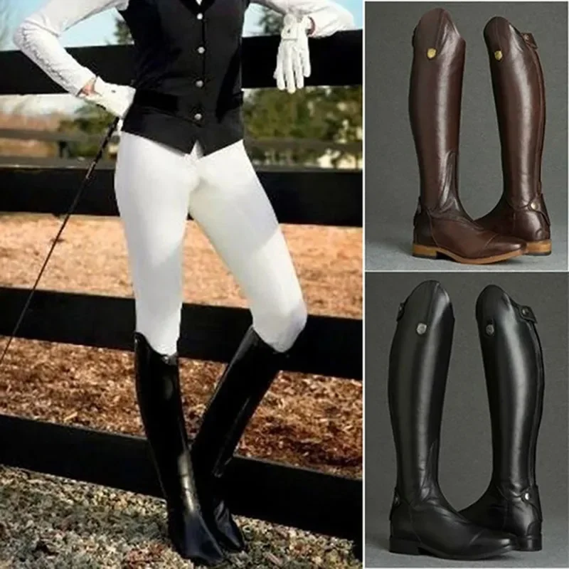 Equitação botas altas cavalo joelho cavaleiro sapatos de couro equestre longo bootcut piloto eixo largo traje medieval para mulher mn51