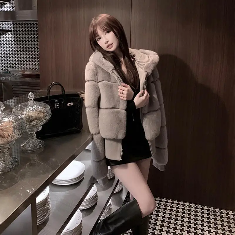 2023 Autumn/Winter New Danish Mink Faux Fur Coat Women's Hooded Long Sleeve Young Korean Version Spliced Mink Fur Coat